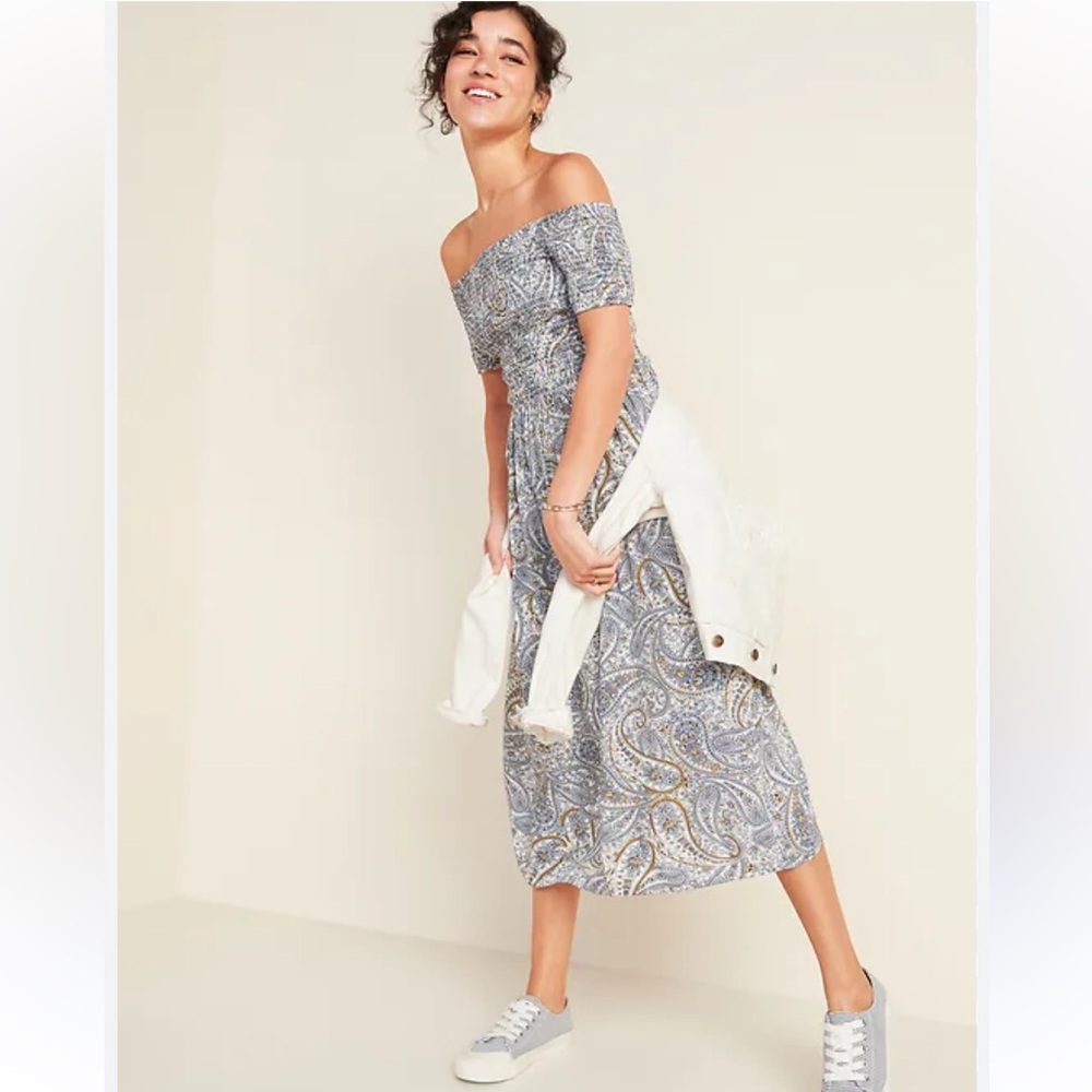EUC Smocked Off-the-Shoulder Fit & Flare Midi Dress